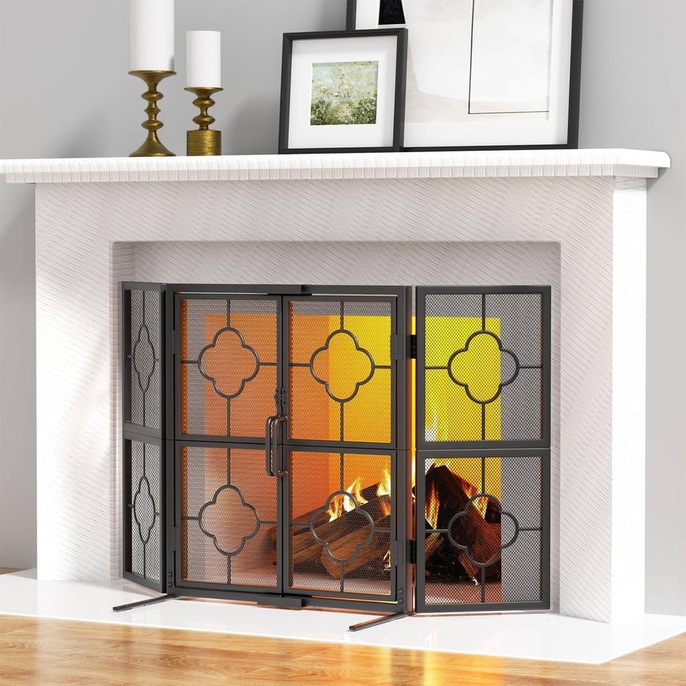 Durable 3-Panel Wrought Iron Fireplace Screen, Foldable & Adjustable - 48" x 28"