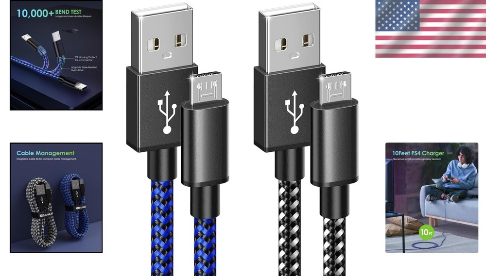2-Pack 10ft Nylon Charging Cables for PlayStation & Android Devices