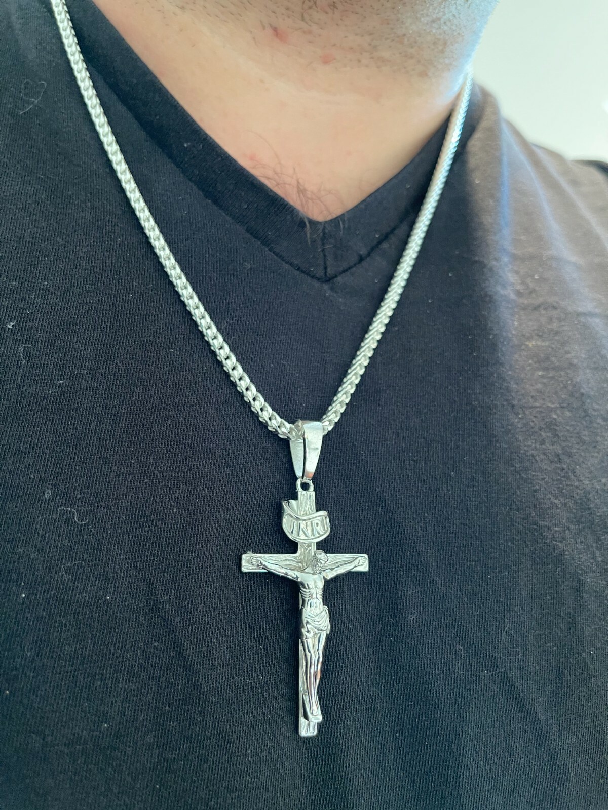Real Solid 925 Sterling Silver Mens Cross Jesus Piece Crucifix Pendant Necklace
