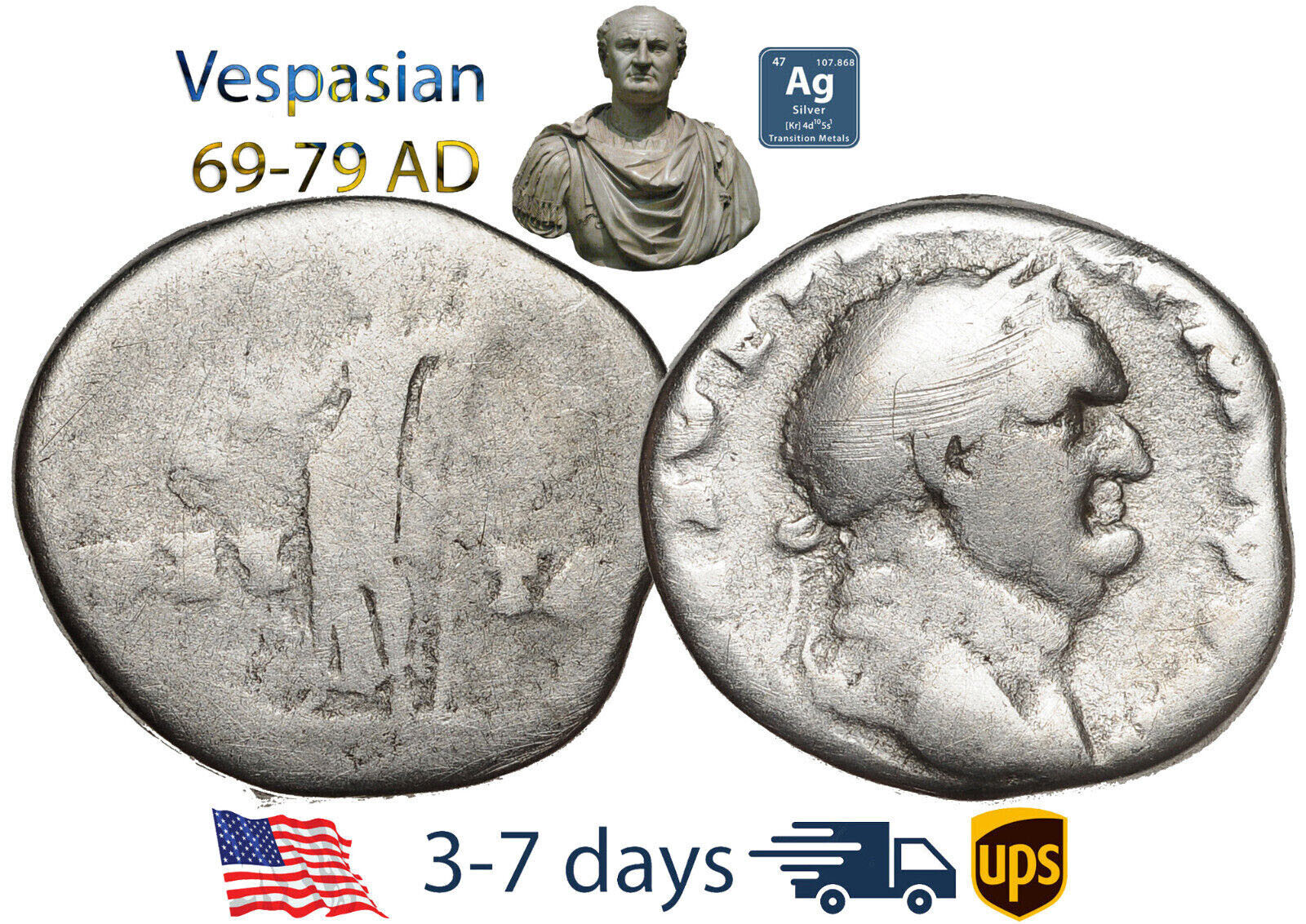 Ancient Roman Empire Coin Silver Denarius Vespasian 69 - 79 AD Authentic #20570