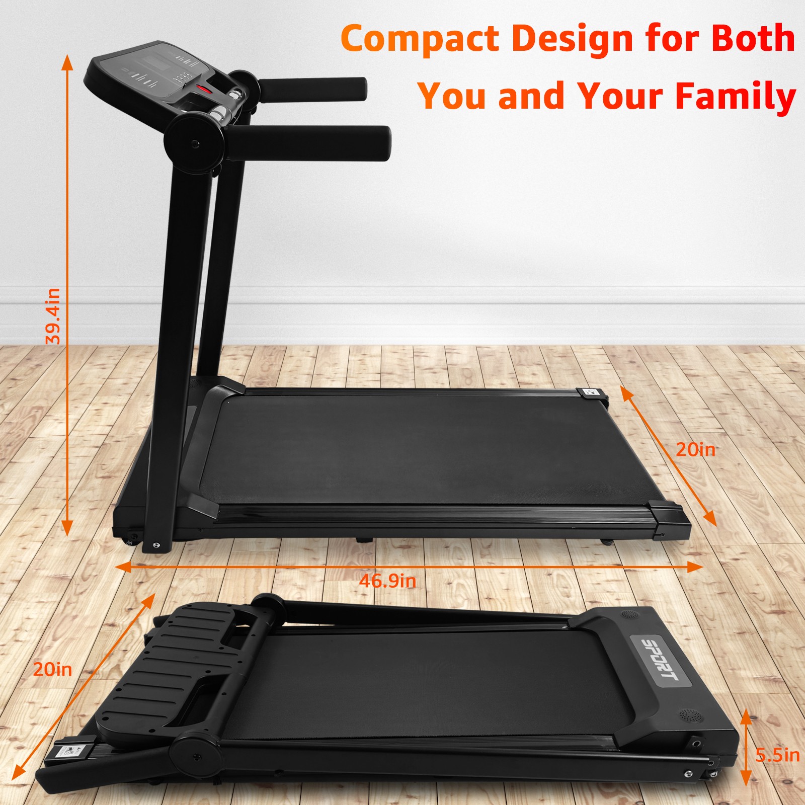 ‌Space-Saving 3HP Folding Treadmill - Shock Absorbing & Extra Wide Running Belt‌
