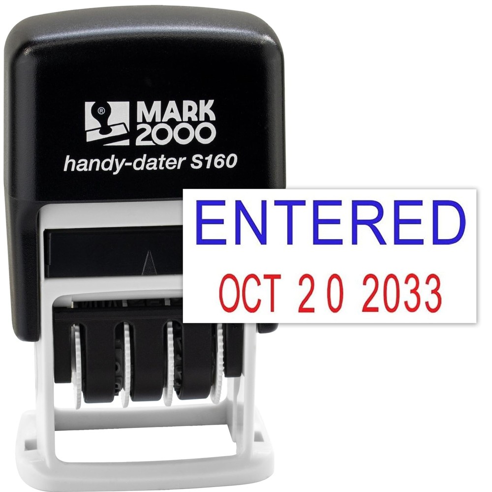 Mark 2000 Self-Inking Rubber Date Office Stamp with Entered Phrase Blue Ink &...