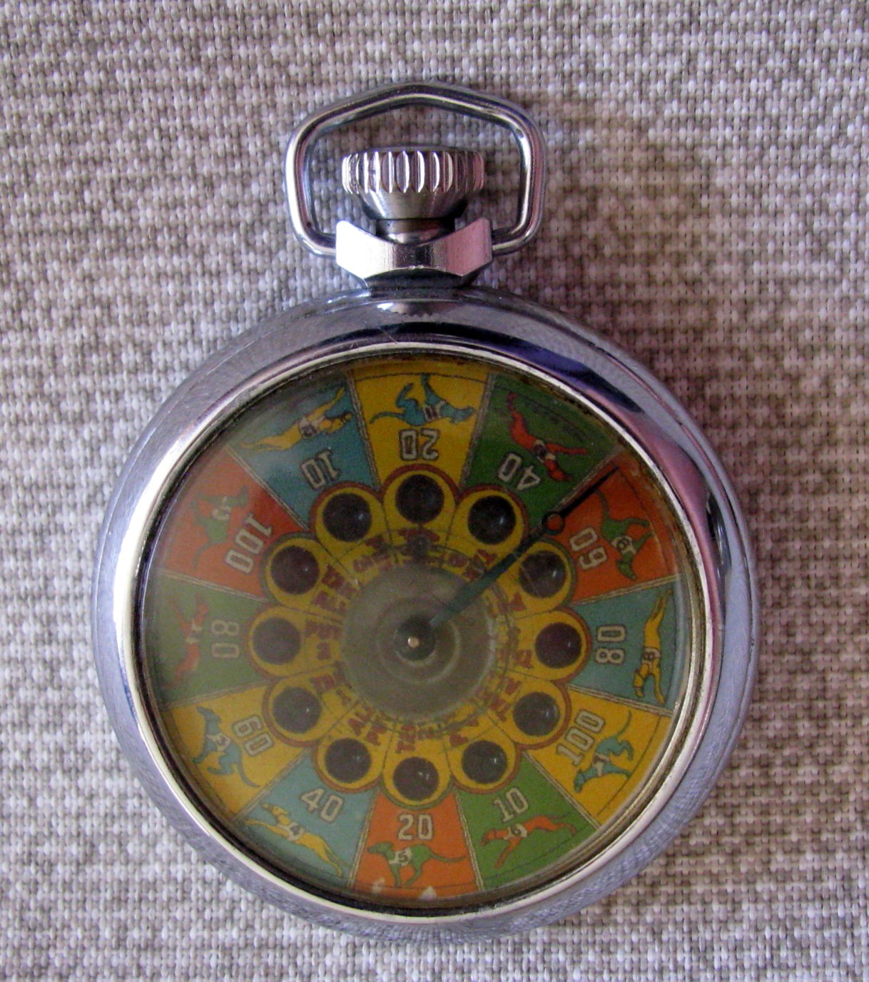 SCARCE PATTERN MECHANICAL GAMBLING DEVICE VINTAGE POCKET SIZE 12 DOGS / PUT+TAKE