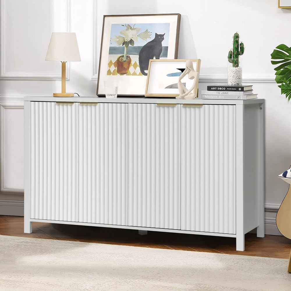 4-Door Modern Wave Fluted Buffet Storage Cabinet with Adjustable Shelf