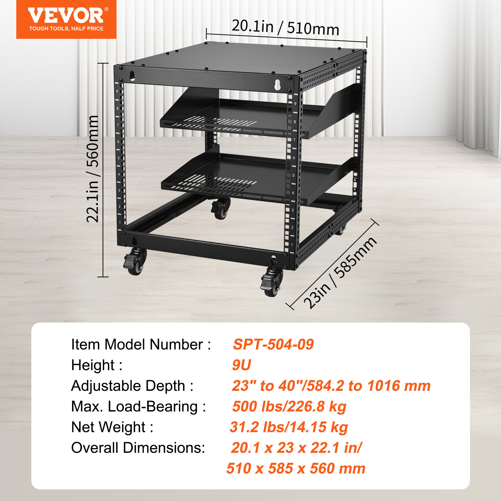 VEVOR 9U 4 Post Open Frame Server Rack Network Enclosure 23''-40'' Adjustable
