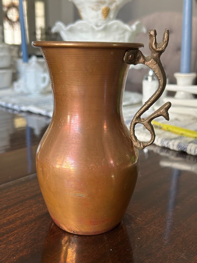 Antique Copper Ewer Pitcher Stylized Copper Handle Persian Home Décor 6 ½”