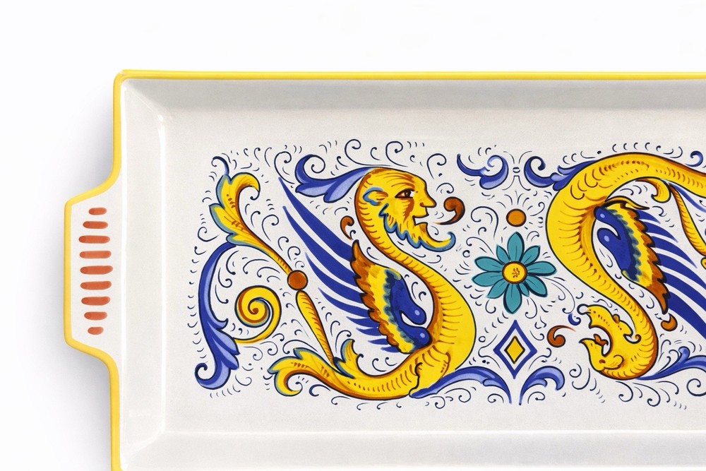 Deruta Ceramic Rectangular Baking Dish Yellow Blue Orange Decorative Handles