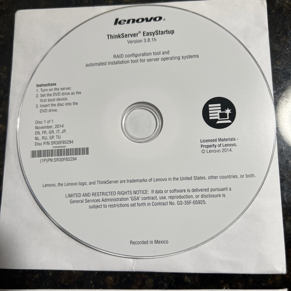 Lenovo ThinkServer TS140 Setup Discs - EasyStartup v3.8.1h & Documentation
