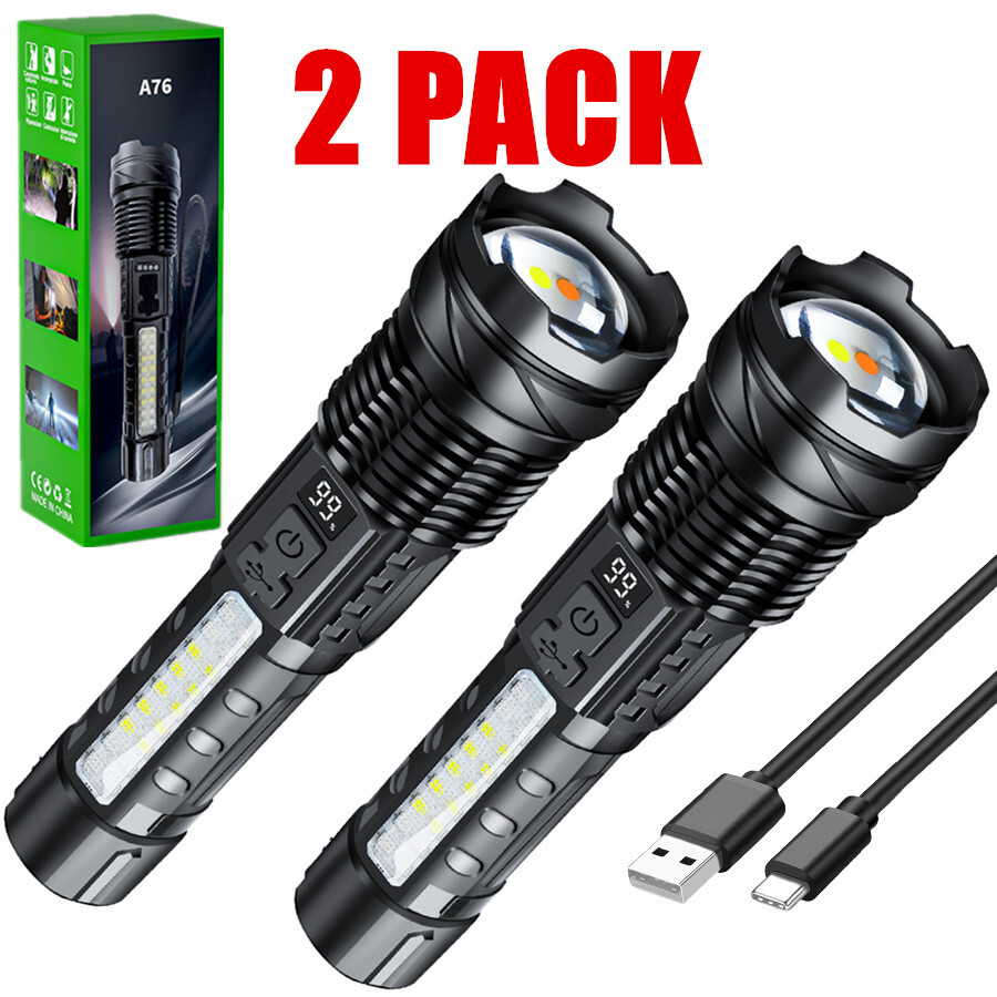 2PCS Brighter 9900000LM Zoomable Rechargeable Torch Handheld Tactical Flashlight