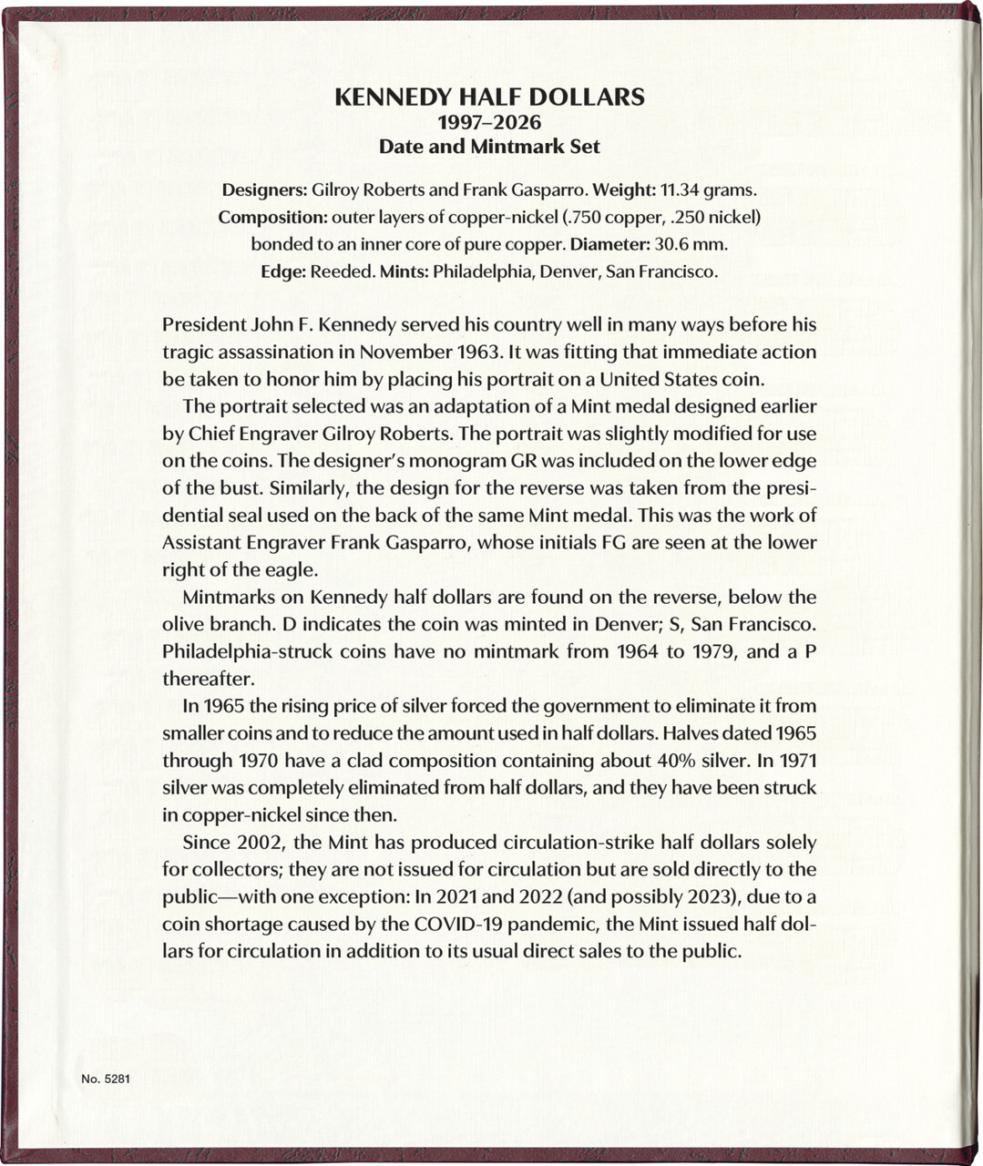 Whitman Prestige™ Album-Kennedy Half Dollars: 1997-2026 Date & Mintmark Set(Bur)