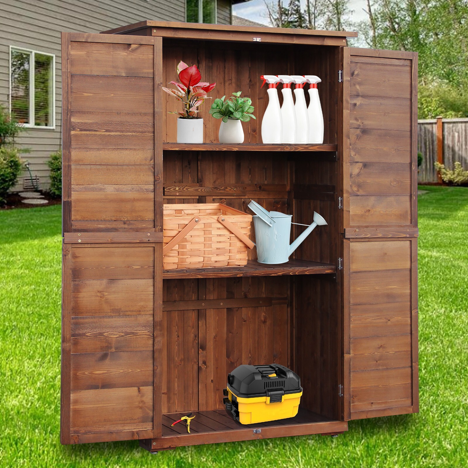 Outdoor Wooden Storage Cabinet with Waterproof PVC Roof