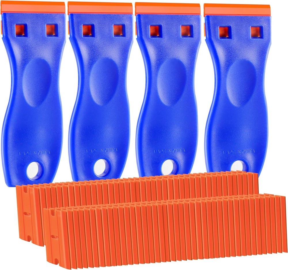 4 PCS Plastic Razor Blade Scraper and 120 Blades, Blue