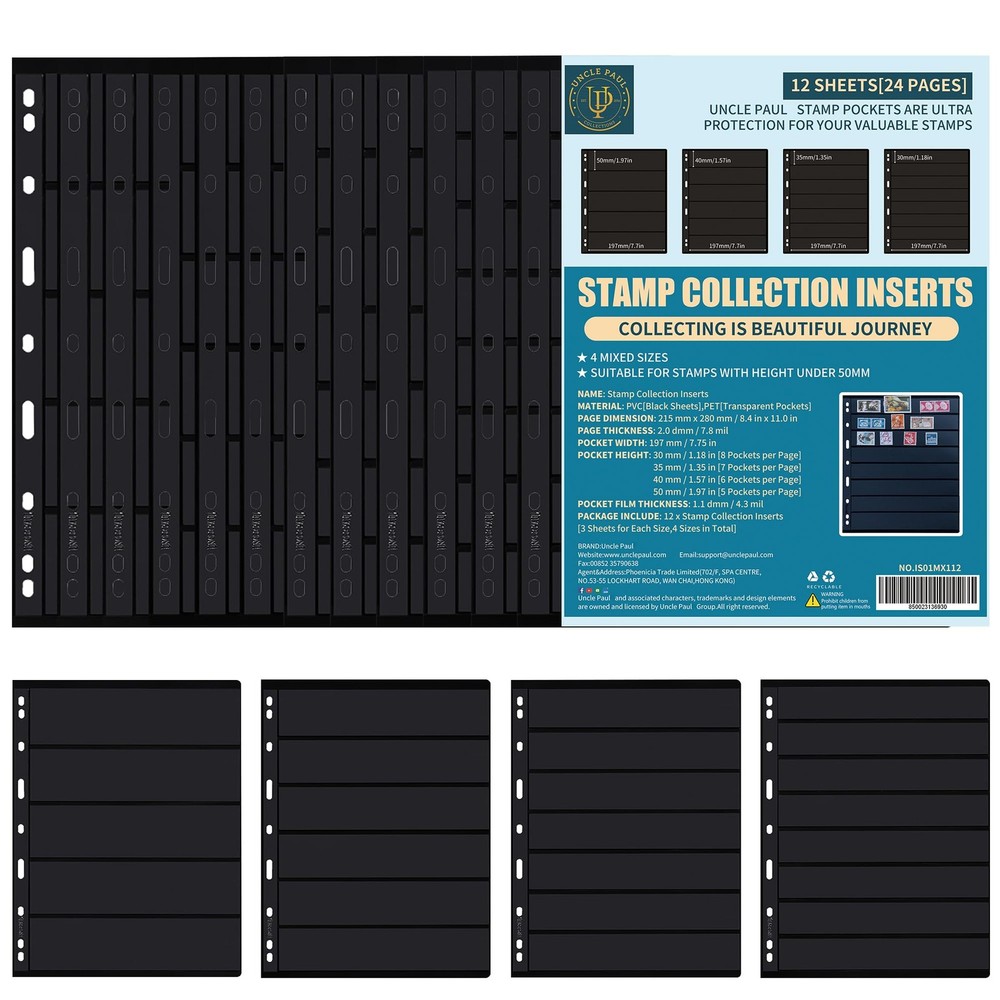 Stamp Collection Inserts 4 Mixed Sizes(5/6/7/8 Pockets), 12 Sheets(24 Pages)