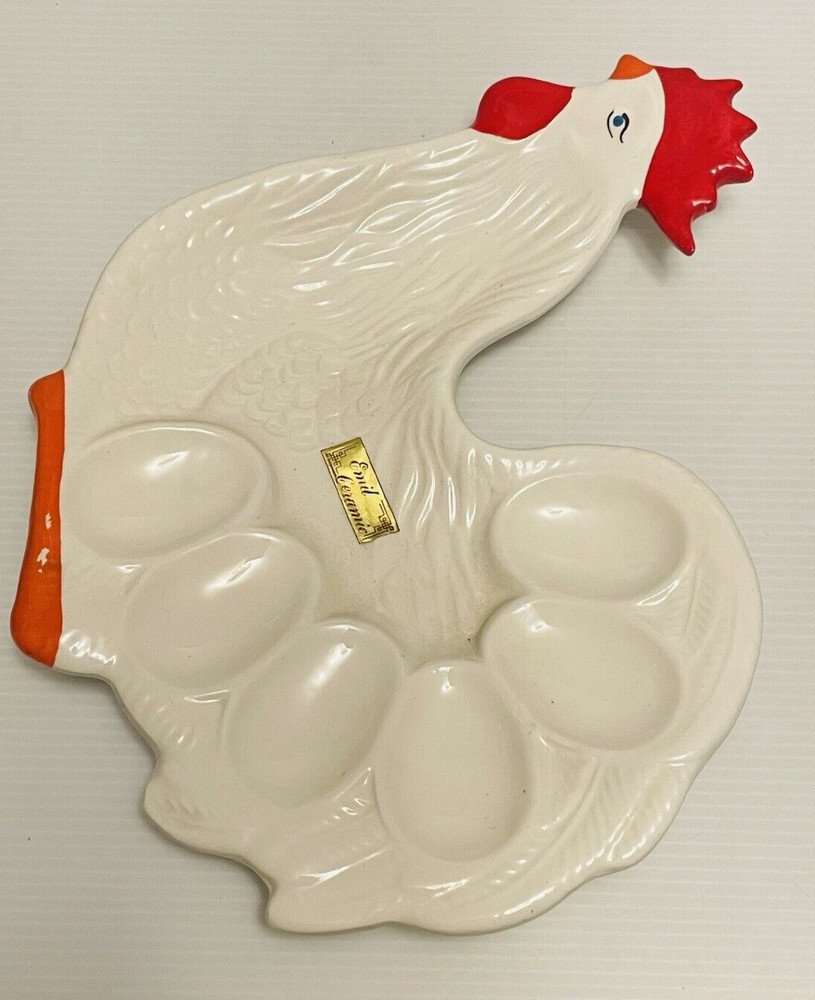 Emil Ceramic Rooster shaped egg holder serving ceramic plate.
