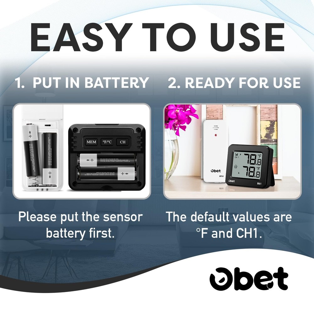 OBET Indoor Outdoor Thermometer Wireless 1 Sensor, Black
