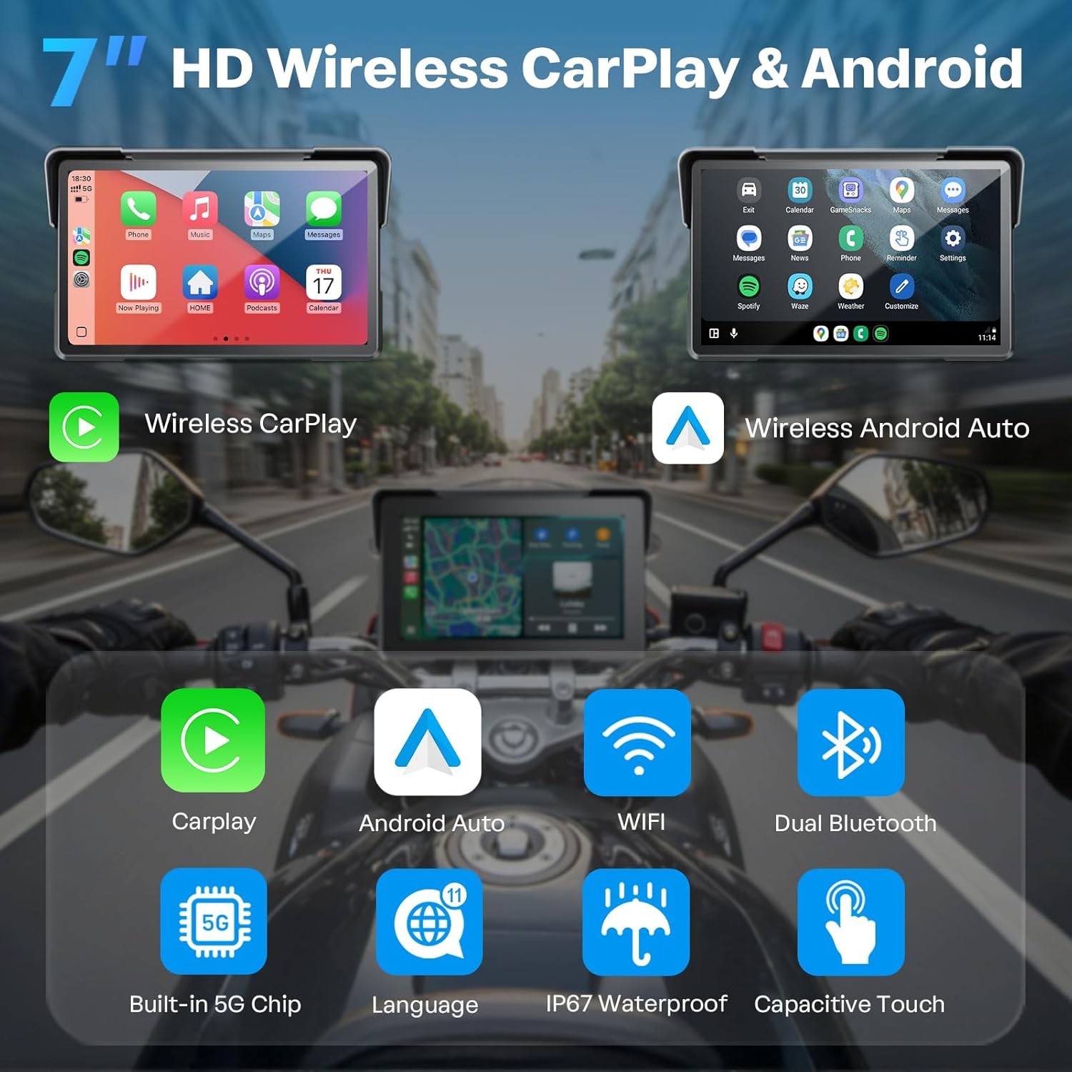 WIFI 7inch Carplay Screen for Motorcycle Wireless Moto CarPlay Android Auto GPS