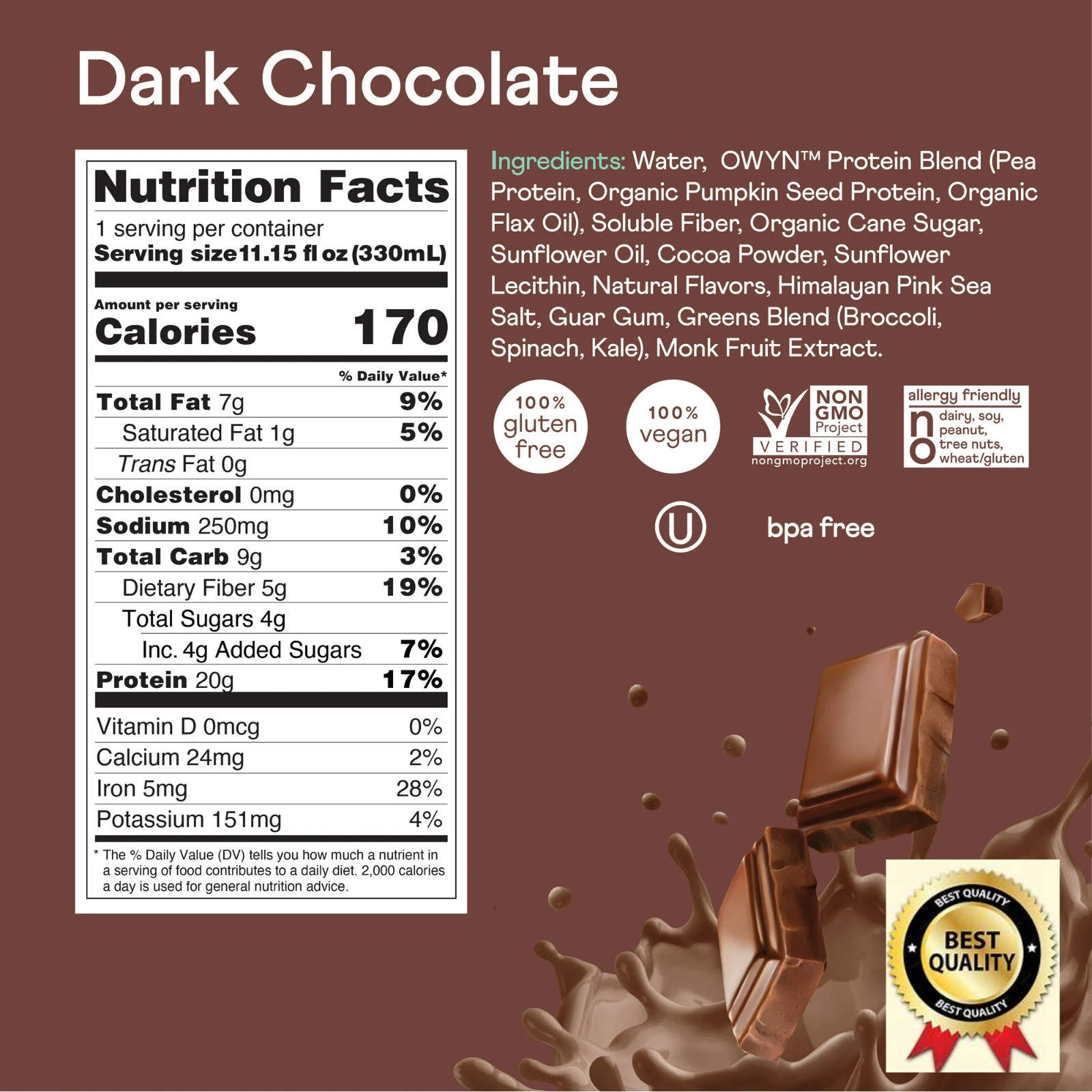 OWYN Plant-Based 20g Protein Shake, Dark Chocolate, 11.15 fl oz, 4 Count