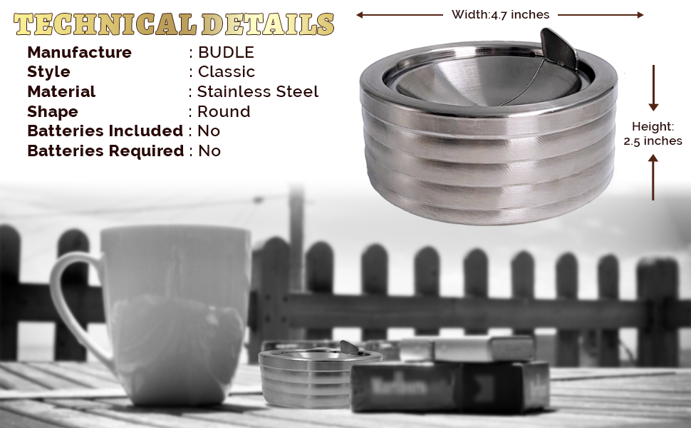 Grooved Silver Smokeless Classic Metal Ashtray with a Lid for Cigarettes