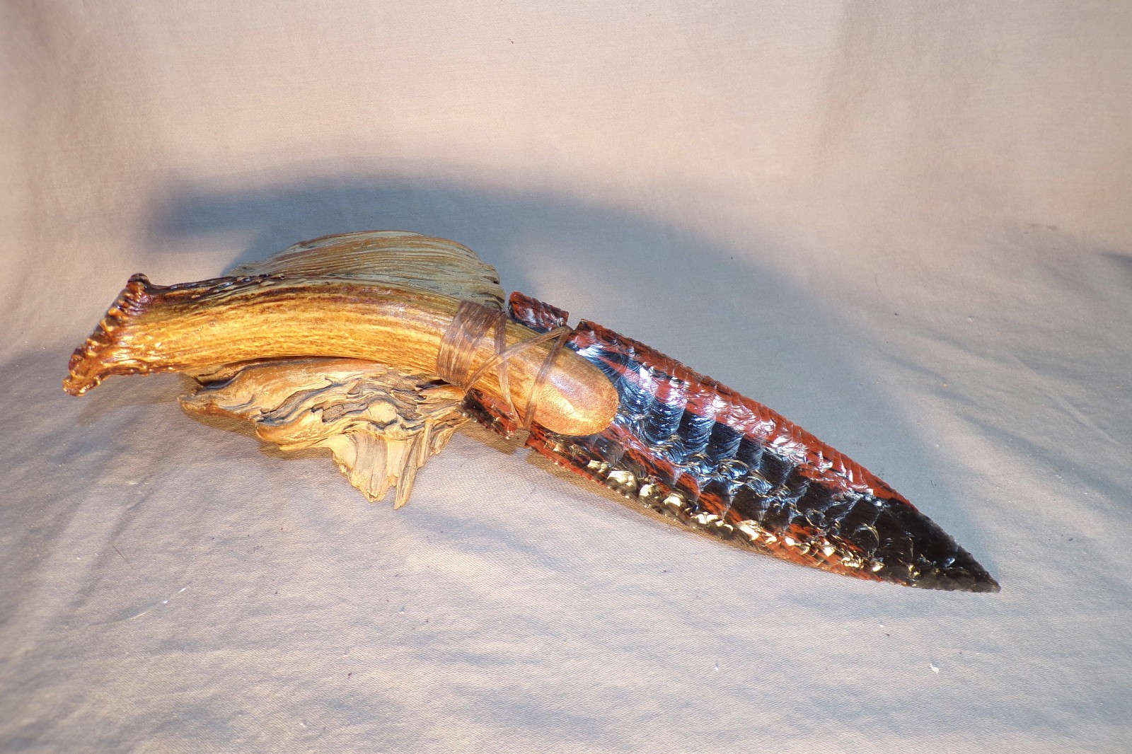 Large Triple Flow Obsidian Fox Ear Knife Flint Knapping Black Powder COA