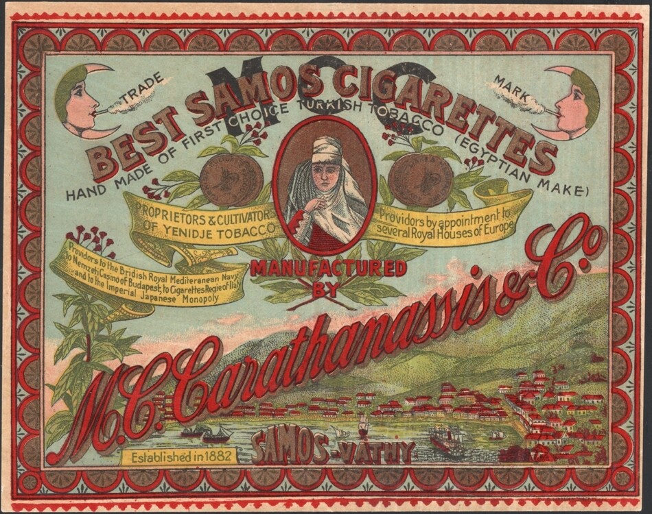 TURKEY, 1886. Cigarette Package Label,  M.C, Carathanassis, Samos-Vathy