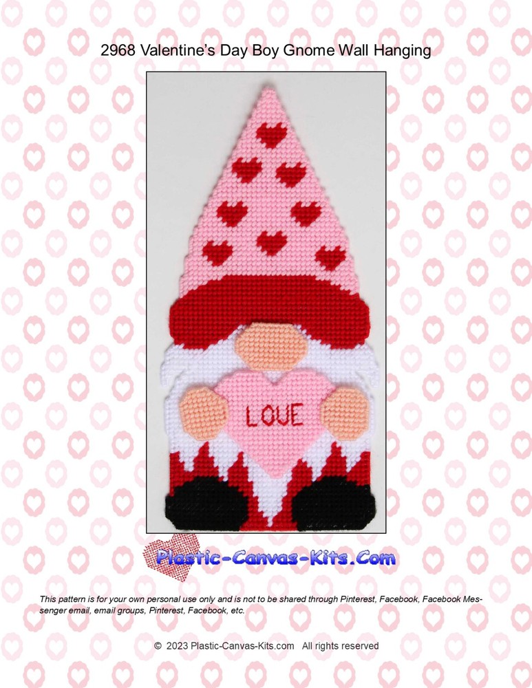 Valentine's Day Boy Gnome Wall Hanging-Plastic Canvas Pattern or Kit