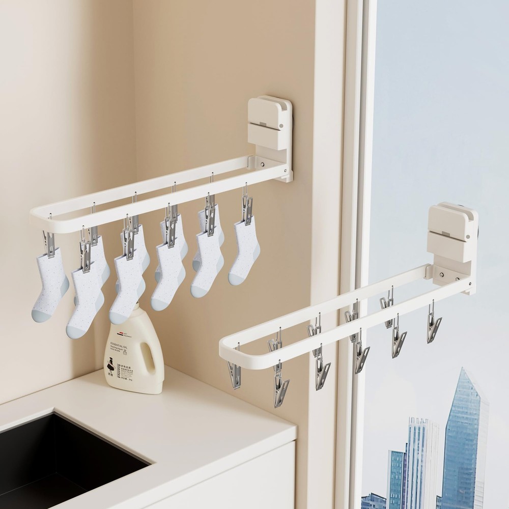 2 Pack Wall Mounted Suction Cup Clothes Drying Rack with 20 Clips, Portable &...