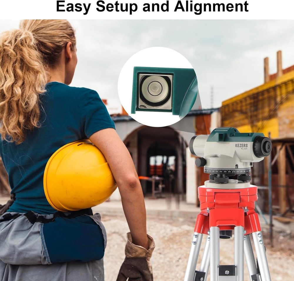 KEZERS 32X Automatic Optical Level Kit with Tripod, Self-Leveling Silver