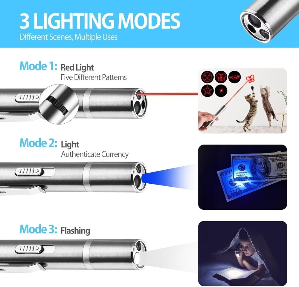 USB Rechargeable Laser Pointer Cat Toy, 3 Mode Red Dot Interactive LED Light