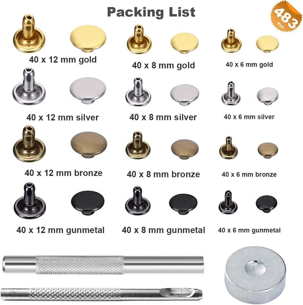 484Pcs Double Cap Leather Rivets - Metal Studs with Punch Tools & Storage Box