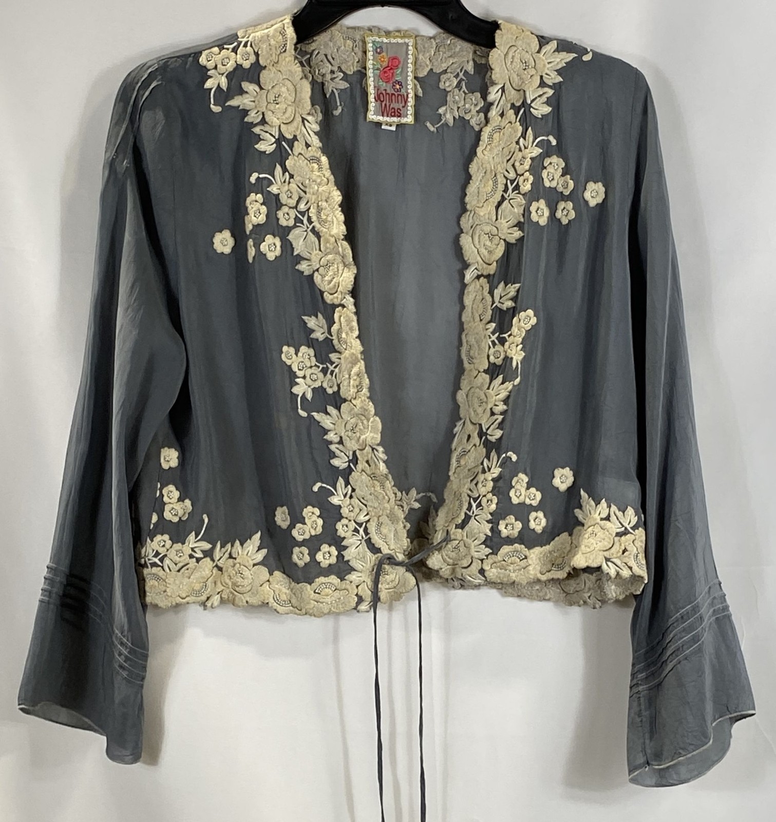 Johnny Was Women's Gray Embroidered Floral Lace Trim Kimono Cardigan Top Sz XS