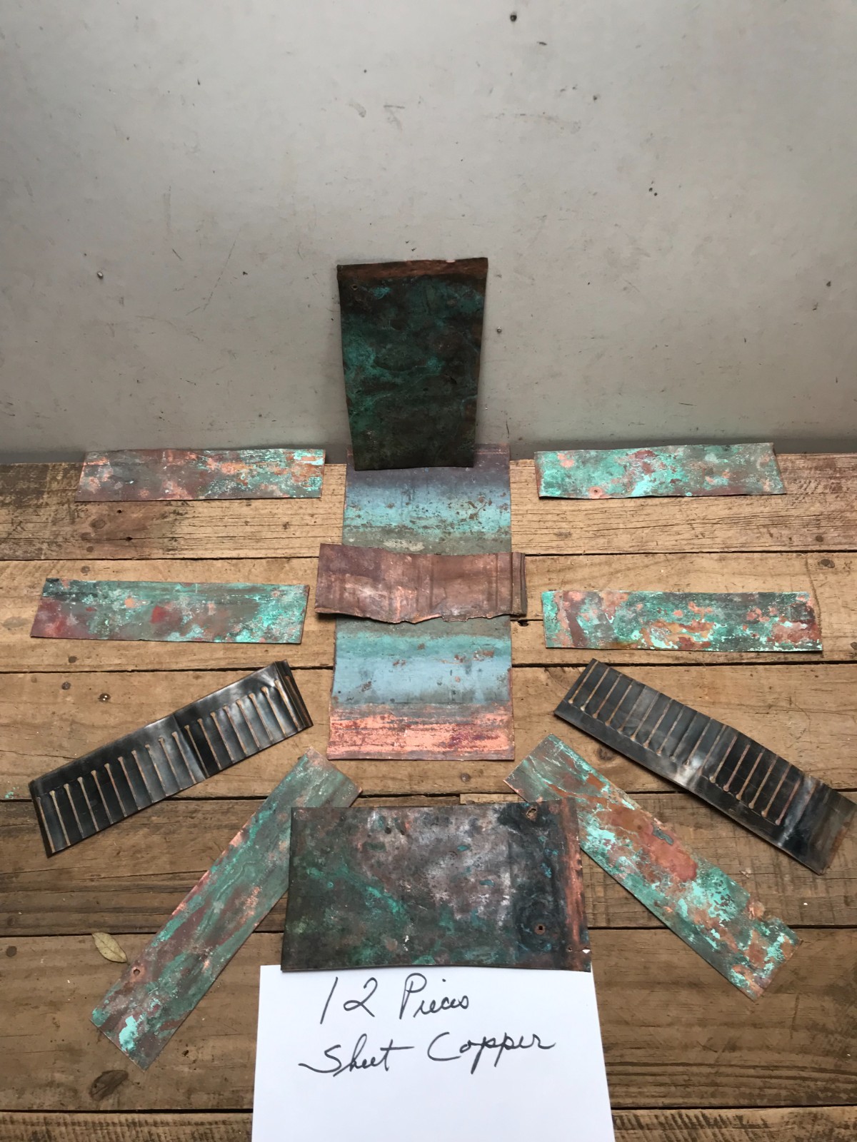 Lot 12 Sheet Copper Pieces Coppersmith scrap Natural Patina Colors Verdigris