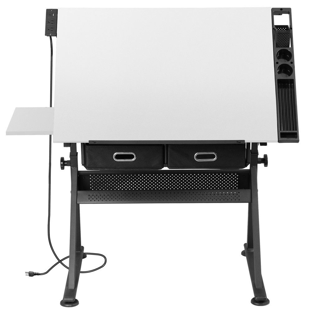 Drafting Drawing Table Tabletop Adjustable Height with Charge Outlet White