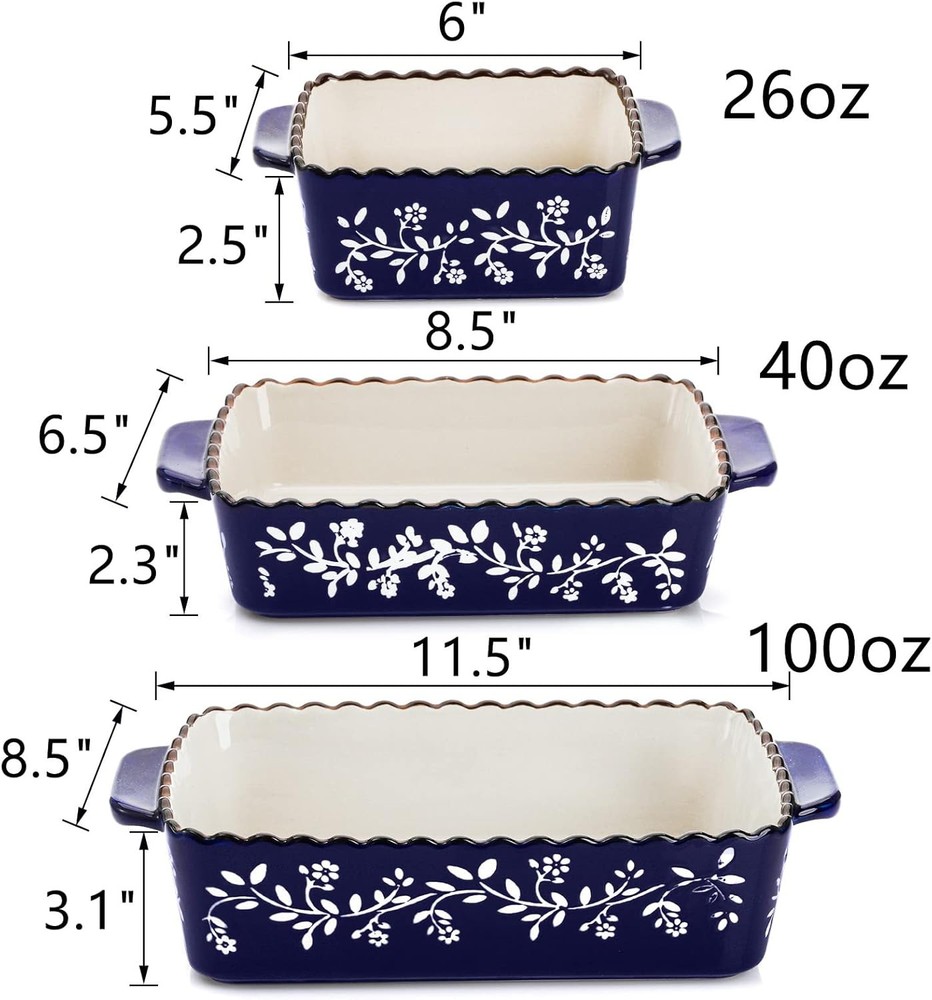 AVLA 3 Pack Ceramic Bakeware Set Porcelain Rectangular Baking Cobalt Blue