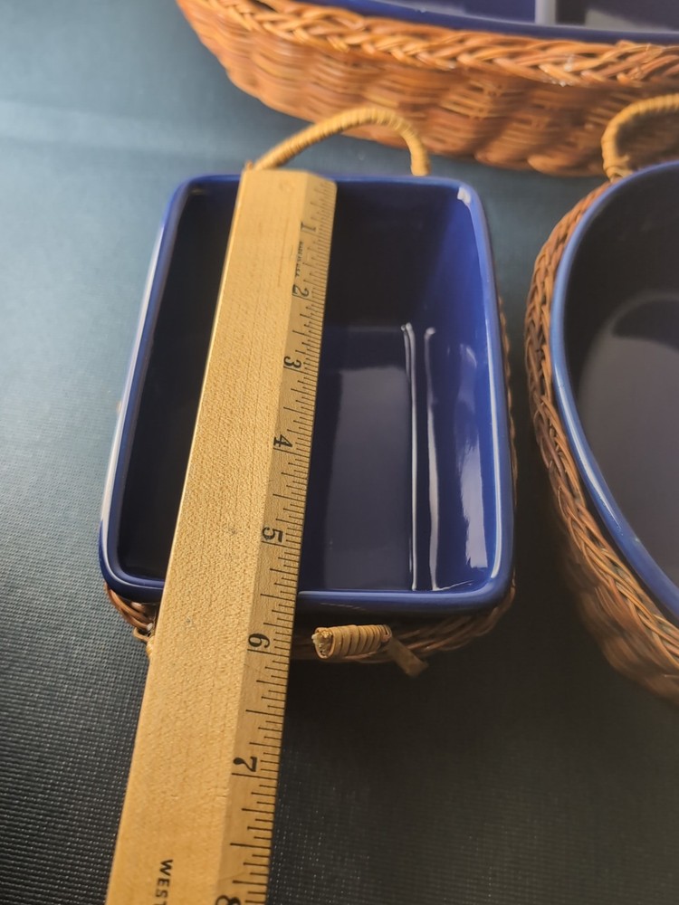 3 Pcs Temptations Blue Divided Oval Casserole & Baking Dishes~Wicker Baskets