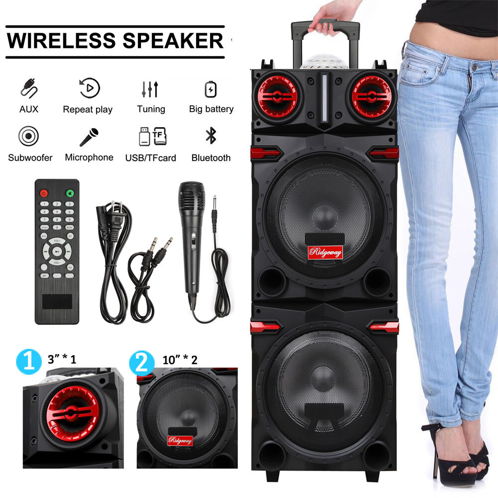 9000W Bluetooth Speaker Dual 10" Woofer Rechargable Party FM Karaok DJ LED AUX
