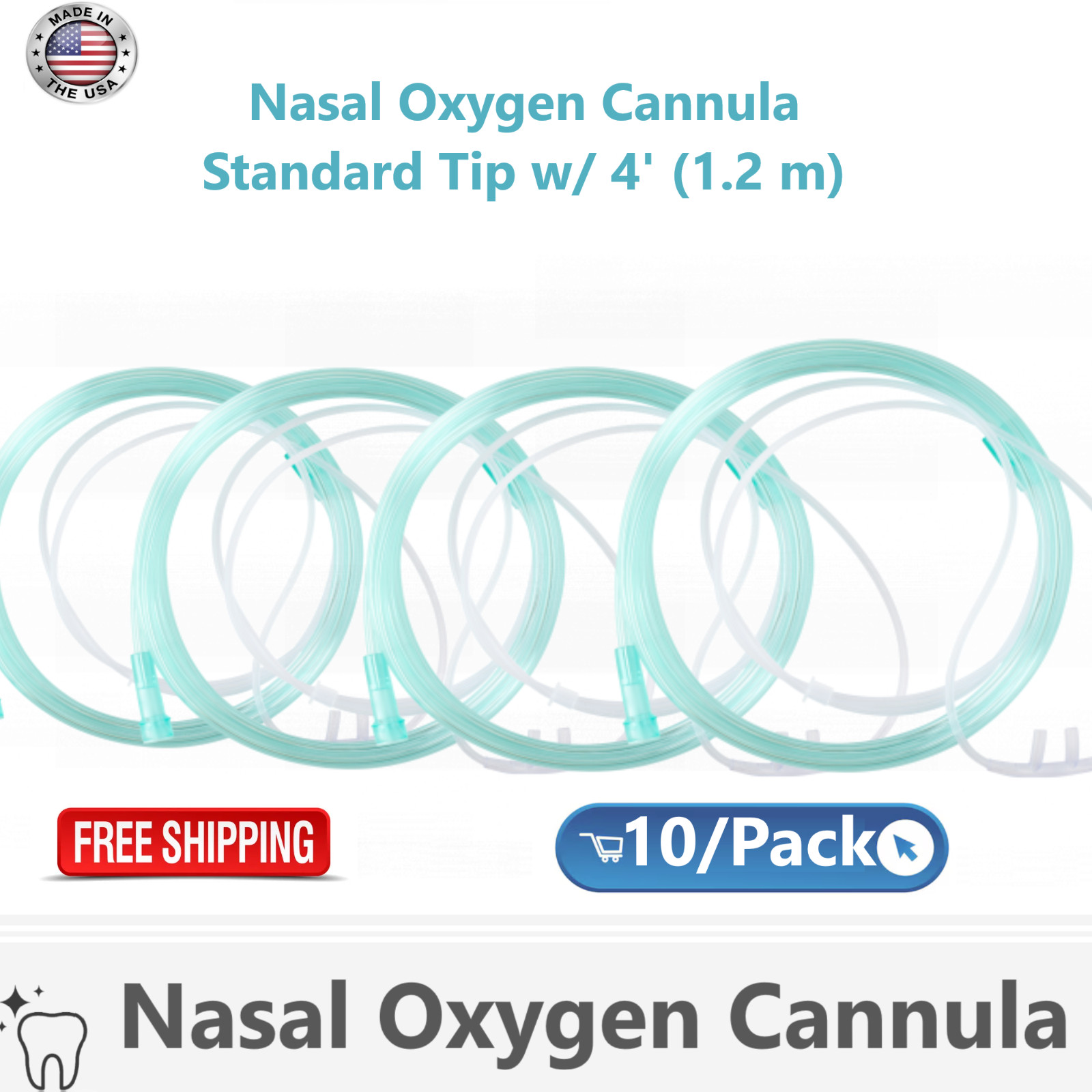 BOX OF 10 (TEN) 4FT Adult Flexible Tip Soft Nasal Oxygen Cannulas Green Standart