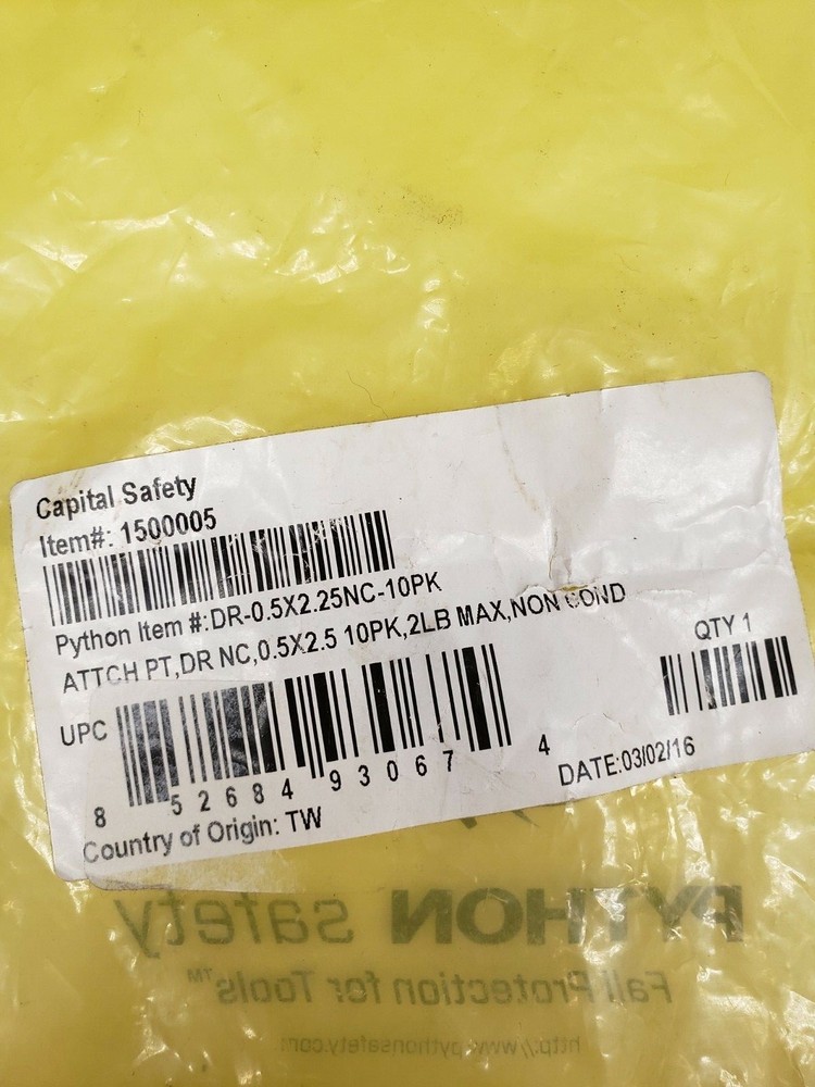 Pk/10 DBI Saia Python Safety D-Ring Attachment 0.5" x 2.25" Non-Conductive