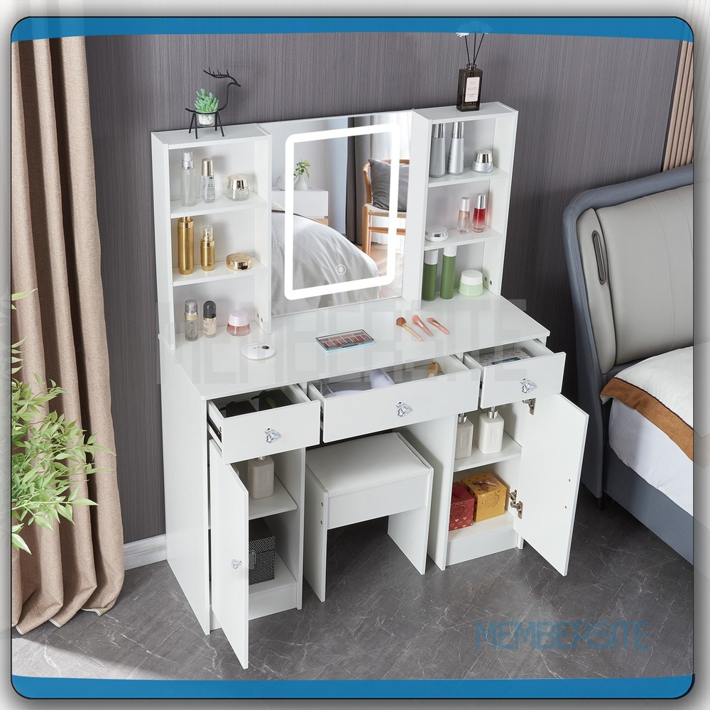 Vanity Table Makeup Dressing Desk with Smart LED Lighted Mirror and Stool White
