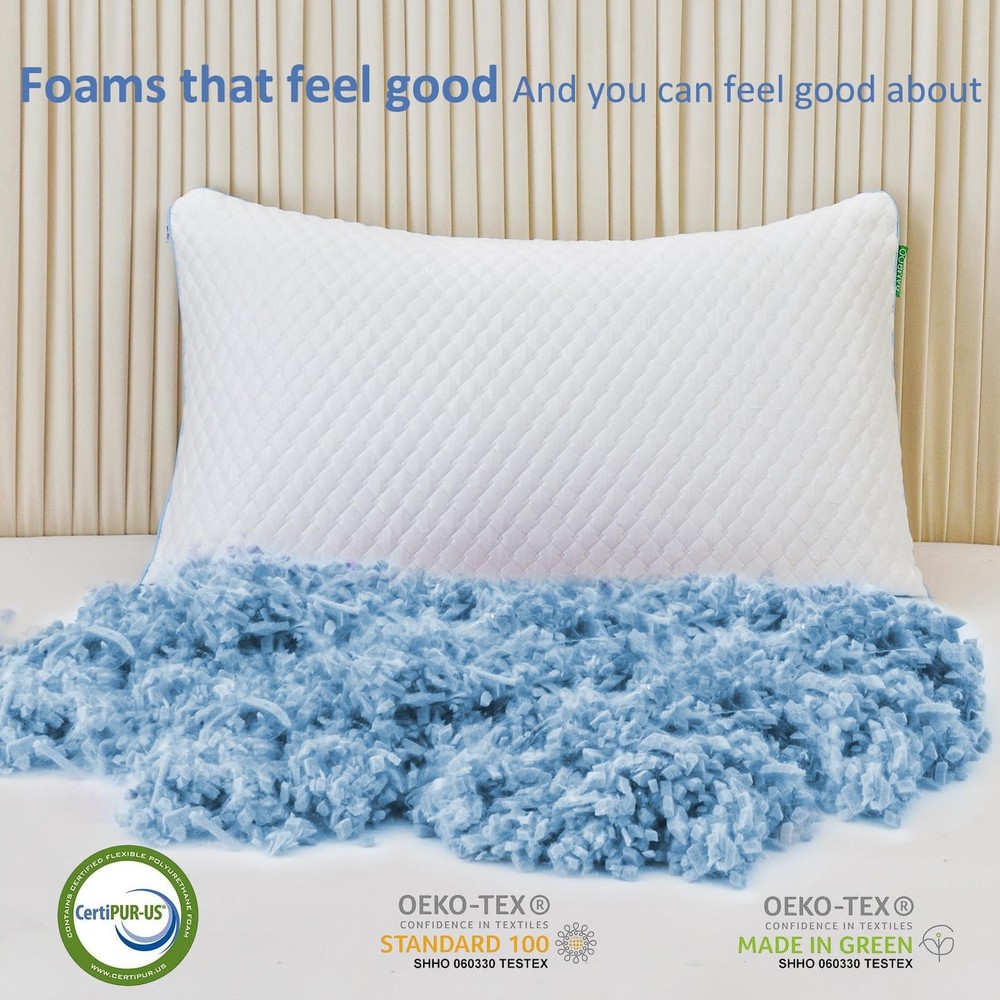 Shredded Memory Foam Pillows for Sleeping 2 Pack - Cooling Bed Pillows Standa...