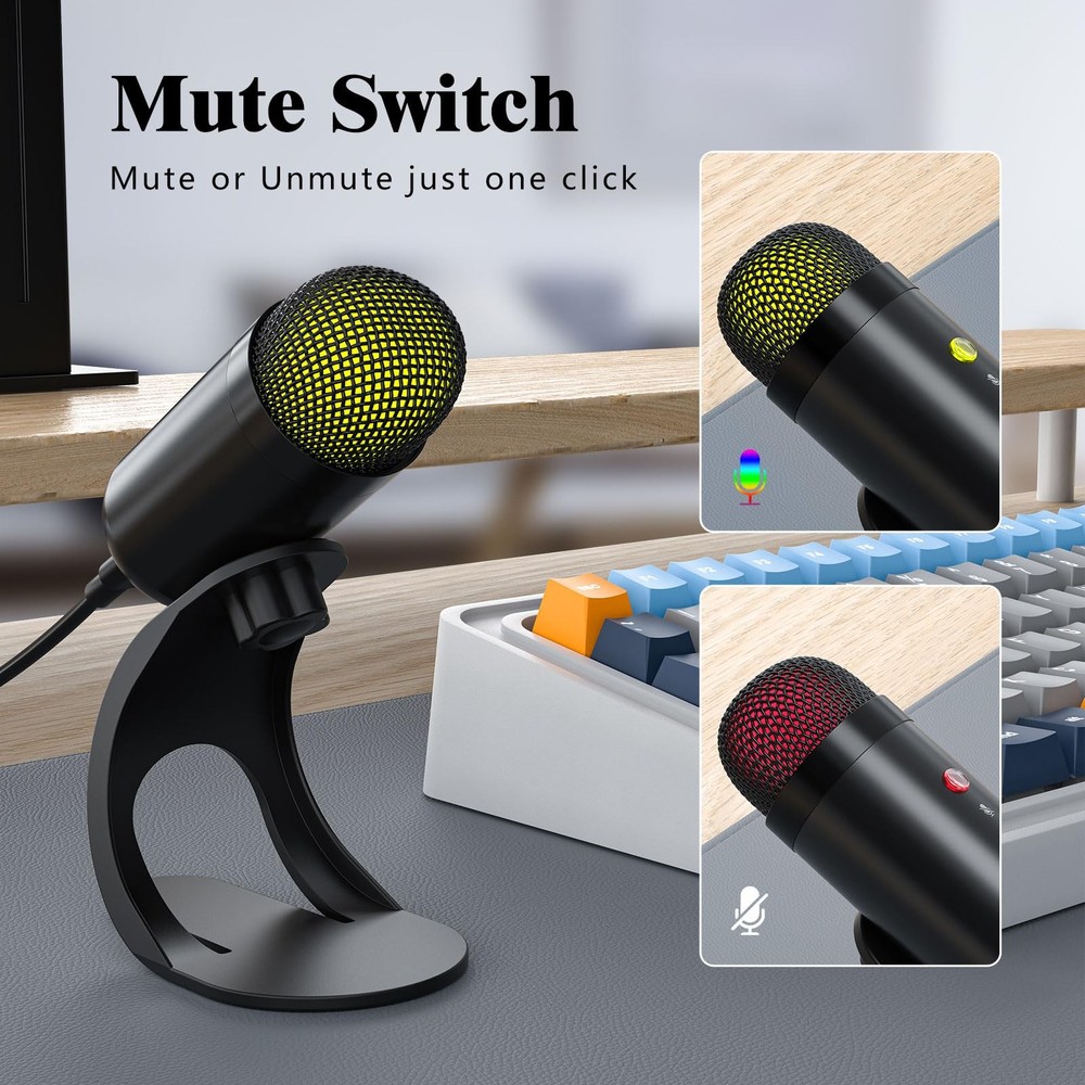 USB Computer Microphone, Podcast Mic Desktop with Mute Button for Recording S...