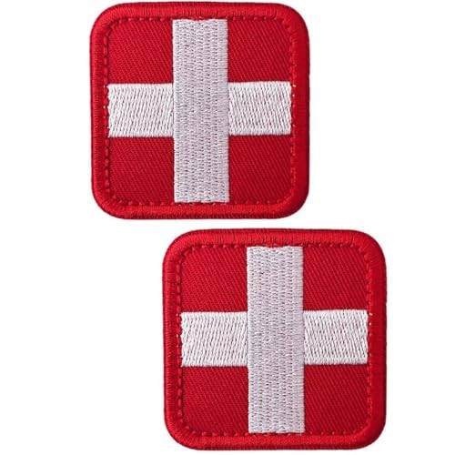 2PCS Medic Patches, Red Corss First Aid Hook & Loop Patch Full Cross Red