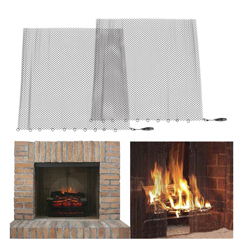 2 Panel Fireplace Mesh Screen Curtain Durable Safety Hanging Replacement Screens