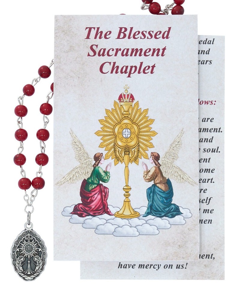 Red Glass Bead Silver Toned Blessed Sacrament Medal Chaplet With Card One Size