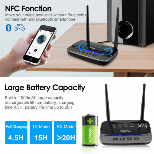 B-T 5.0 262ft Long Range Audio Transmitter Receiver NFC Cordless Adapter.