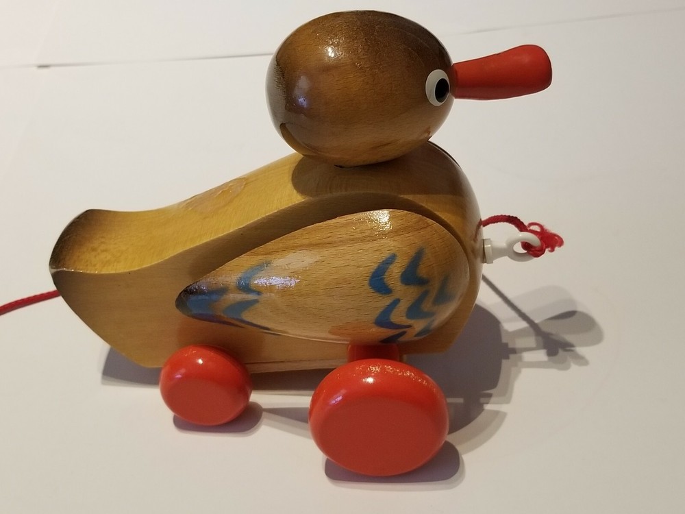Vintage Wobbly Solid Wooden Animated Duck Pull Along String By Simba Rare!