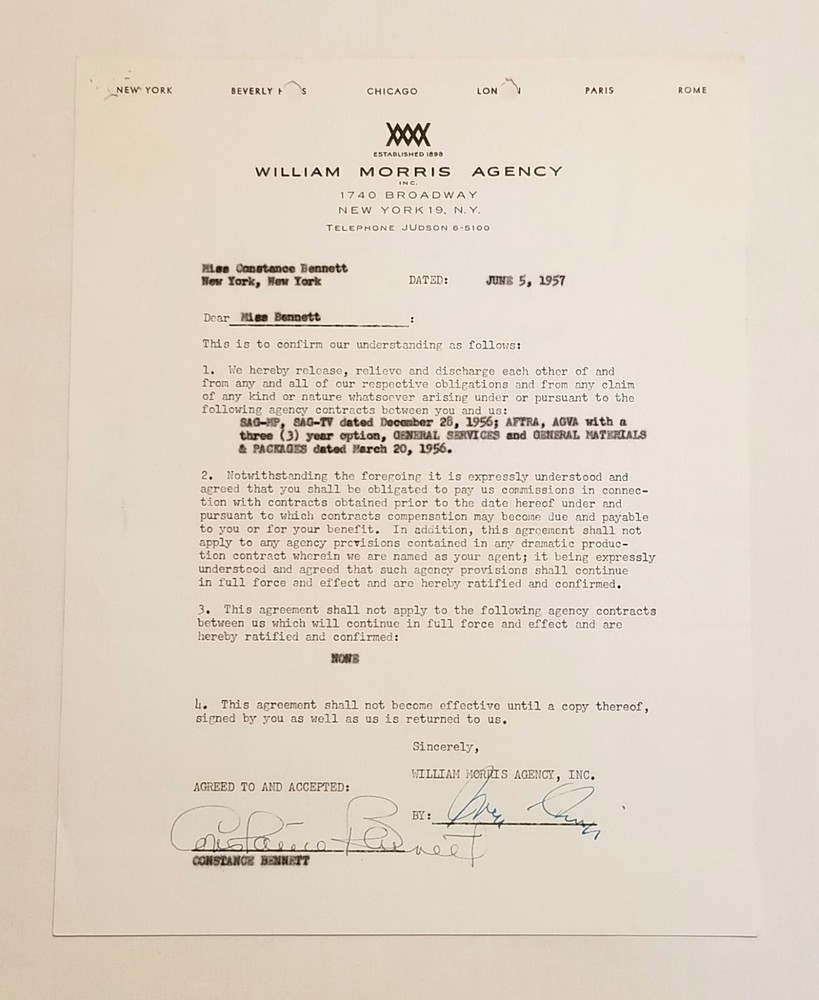 Constance Bennett Signed William Morris Document 1957 Contract Release COA RARE