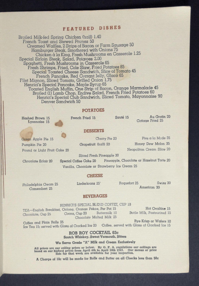 Henricis on Randolph Menu Chicagos Most Famous Restaurant 1943