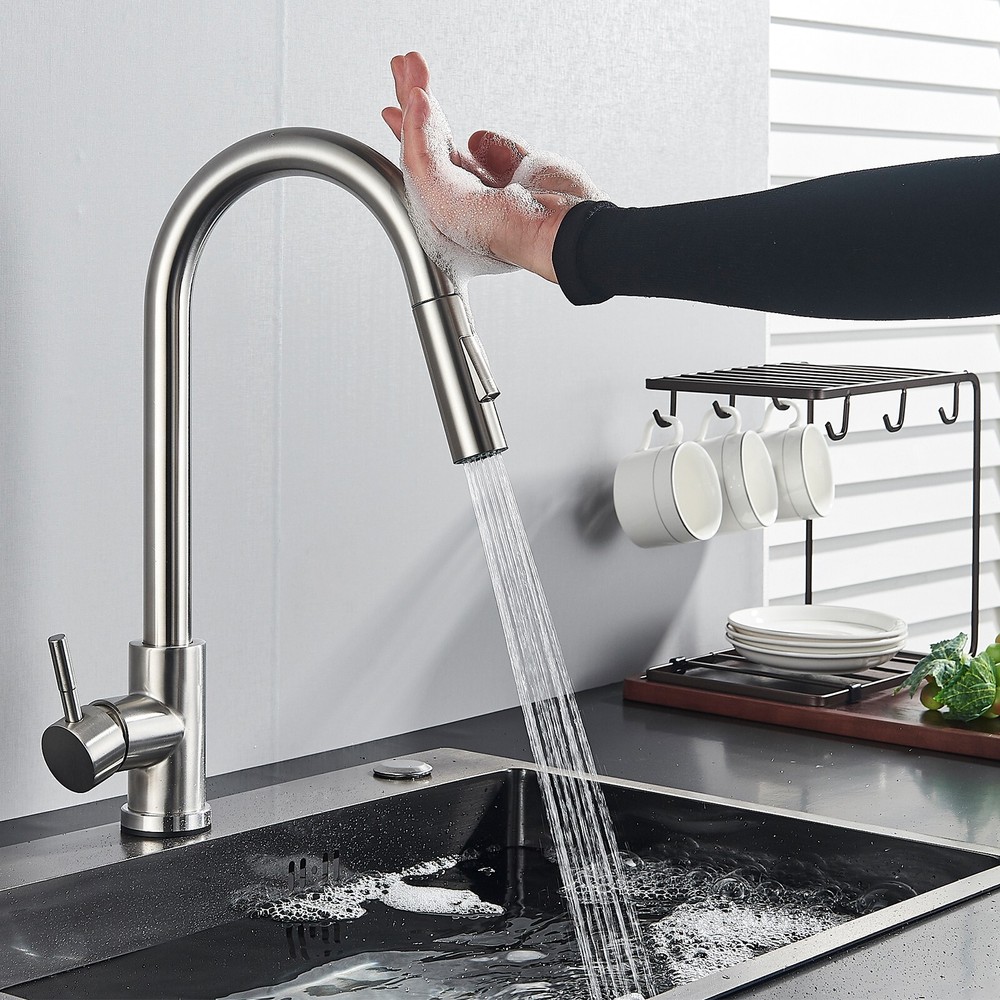 Brushed Nickel Touch Sensor Kitchen Faucet Sink Pull Down Sprayer Single Handle