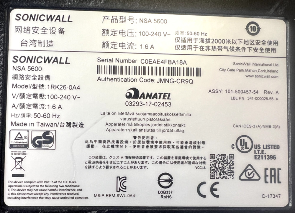 SonicWALL NSA 5600 Network Security Firewall 1RK26-0A4