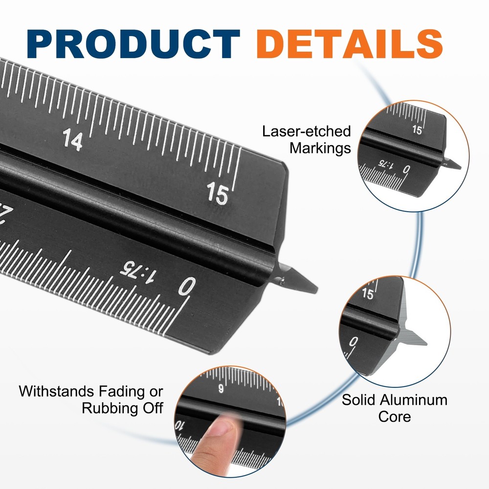 12 Inch Metric Architectural Triangular Scale Ruler Small Scale, Black